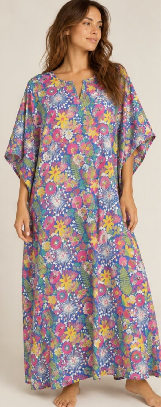 Mahogany One Size Cotton Floral Caftan Maxi Dress Colorful Boho Oversized
